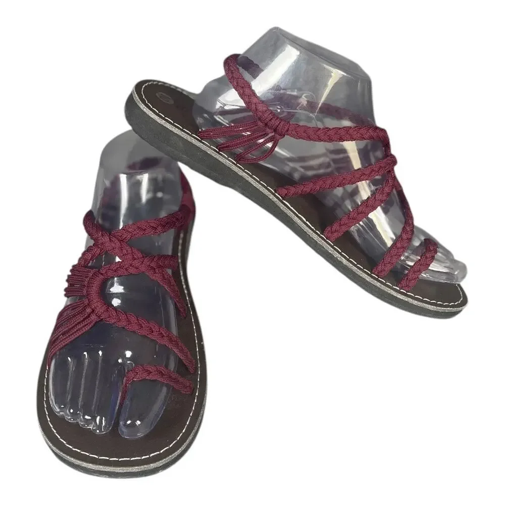 Plaka Women’s Palm Leaf Burgundy Boho Flat Strap Sandals Size-10 - Picture 2 of 8